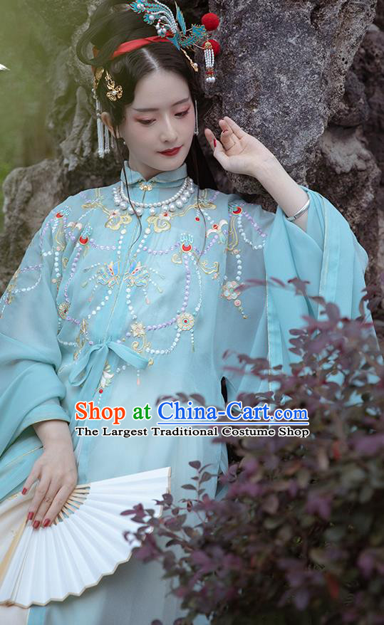 Chinese Ancient Imperial Concubine Historical Costumes Traditional Ming Dynasty Court Women Hanfu Apparels Embroidered Blue Gown and Skirt Full Set