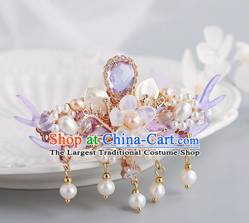 Chinese Classical Palace Purple Hair Crown Handmade Hanfu Hair Accessories Ancient Ming Dynasty Princess Crystal Hairpins