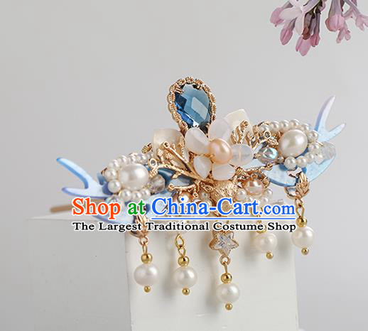 Chinese Classical Palace Blue Hair Crown Handmade Hanfu Hair Accessories Ancient Ming Dynasty Princess Crystal Hairpins