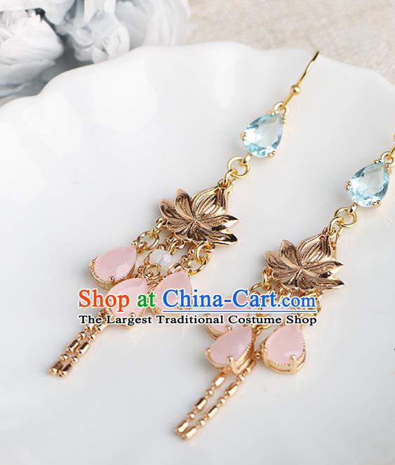 Chinese Handmade Golden Lotus Earrings Classical Ear Accessories Hanfu Ming Dynasty Princess Blue Crystal Eardrop