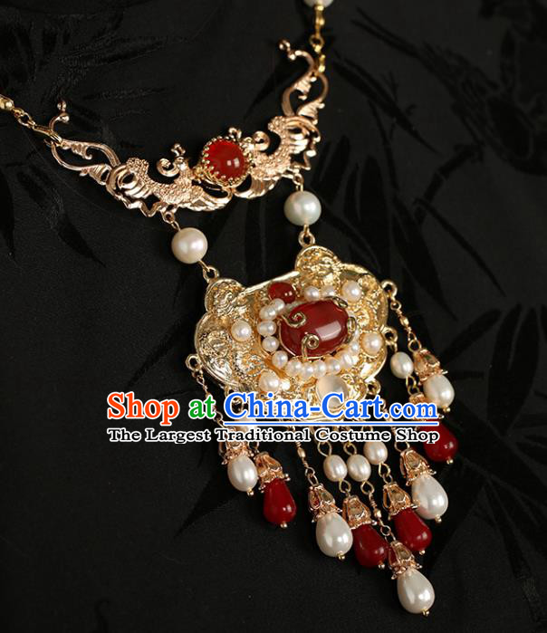 Chinese Handmade Pearls Tassel Necklet Classical Jewelry Accessories Ancient Ming Dynasty Princess Hanfu Agate Golden Necklace for Women