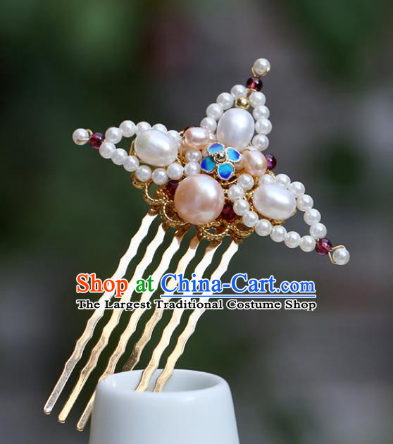 Chinese Classical Palace Pearls Hair Comb Handmade Hanfu Hair Accessories Ancient Ming Dynasty Princess Blueing Hairpins