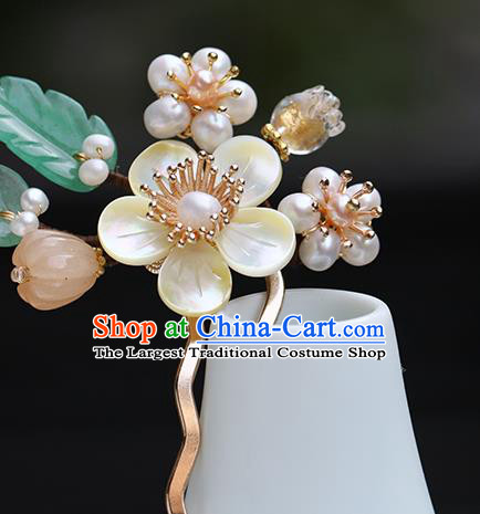 Chinese Classical Palace Beige Plum Hair Stick Handmade Hanfu Hair Accessories Ancient Ming Dynasty Princess Pearls Hairpins