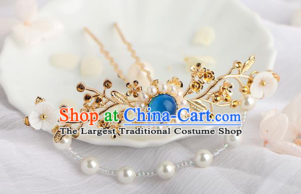 Chinese Classical Palace Blue Chalcedony Hair Stick Handmade Hanfu Hair Accessories Ancient Ming Dynasty Empress Tassel Plum Hairpins