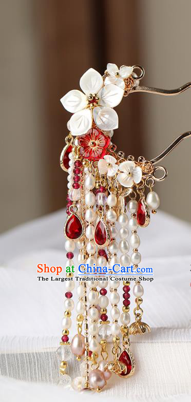 Chinese Classical Palace Pearls Tassel Hair Stick Handmade Hanfu Hair Accessories Ancient Ming Dynasty Empress Shell Plum Hairpins