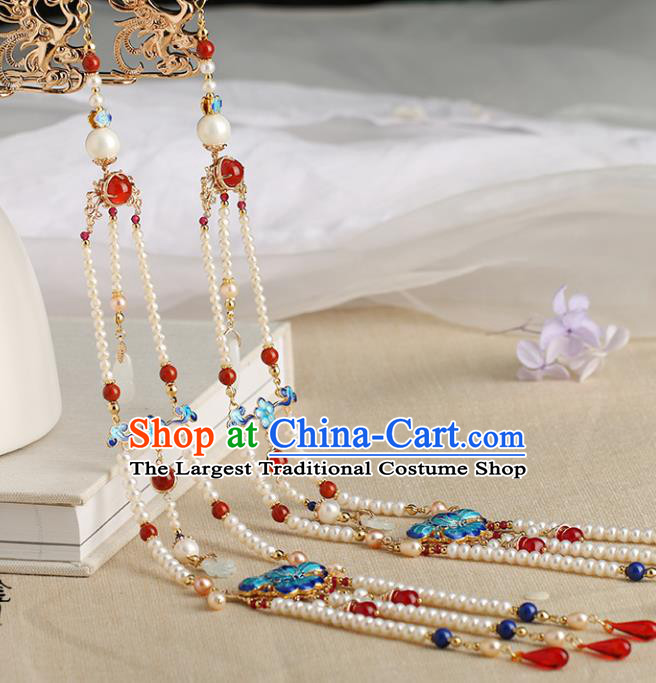 Chinese Classical Palace Phoenix Tassel Hair Stick Handmade Hanfu Hair Accessories Ancient Ming Dynasty Empress Pearls Hairpins