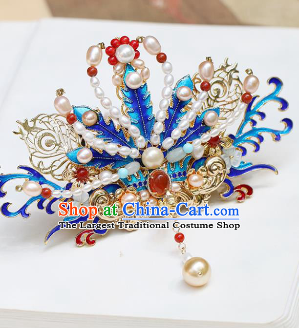 Chinese Classical Palace Blueing Phoenix Hair Crown Handmade Hanfu Hair Accessories Ancient Ming Dynasty Empress Gems Pearls Hairpins