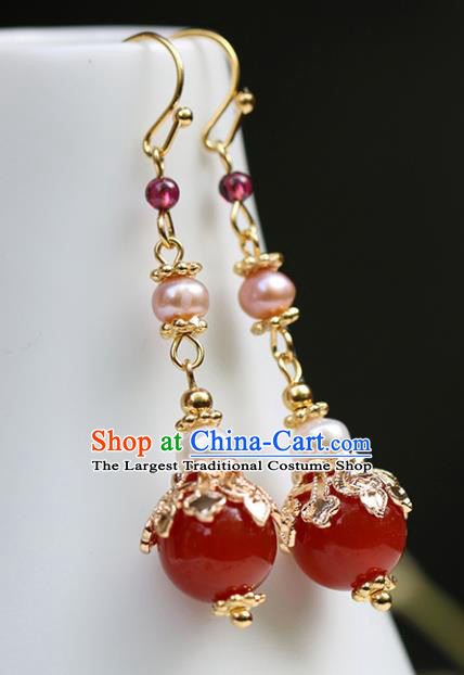 Chinese Handmade Agate Earrings Classical Ear Accessories Hanfu Qing Dynasty Princess Pearl Eardrop