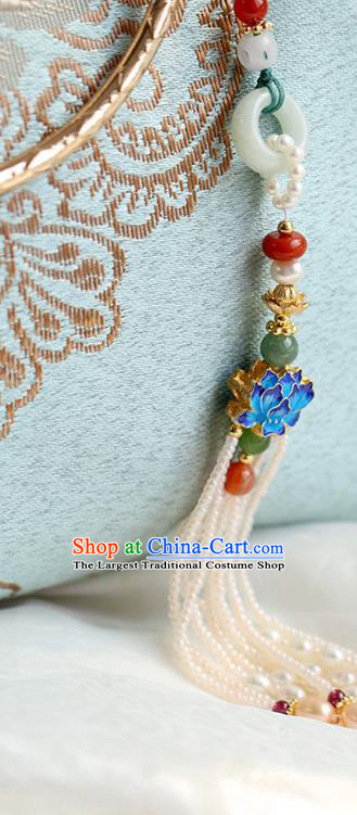 Chinese Handmade Classical Blueing Lotus Pendant Jewelry Accessories Ancient Ming Dynasty Hanfu Jade Pearls Tassel Brooch for Women