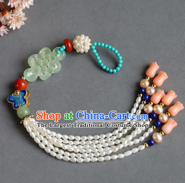 Chinese Handmade Classical Blueing Butterfly Pendant Jewelry Accessories Ancient Ming Dynasty Hanfu Jade Pearls Tassel Brooch for Women