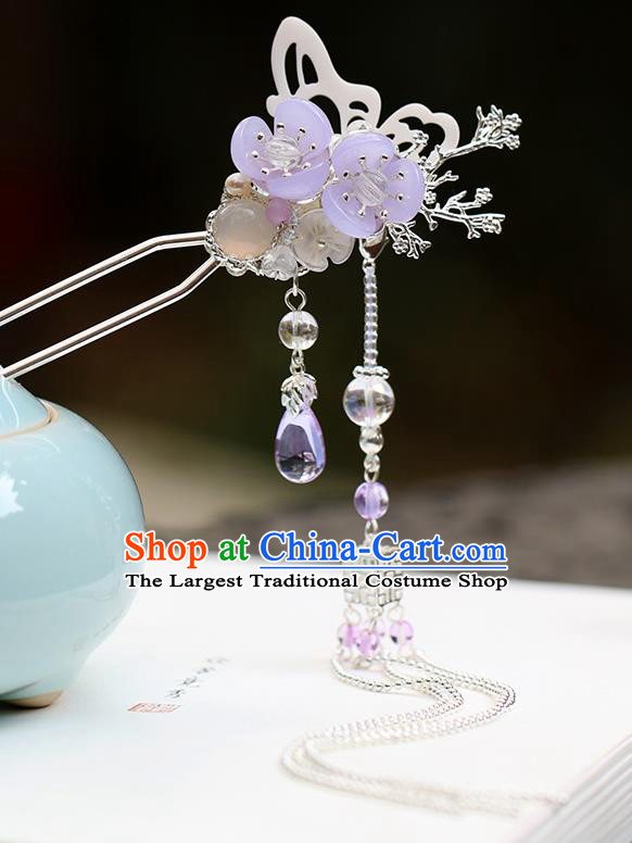 Chinese Classical Palace Purple Plum Hair Stick Handmade Hanfu Hair Accessories Ancient Ming Dynasty Princess Argent Tassel Hairpins