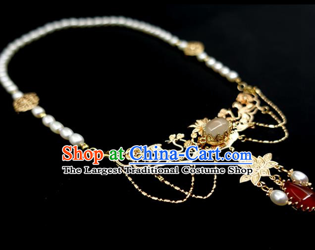 Chinese Handmade Hanfu Agate Necklet Classical Jewelry Accessories Ancient Ming Dynasty Princess Pearls Necklace for Women