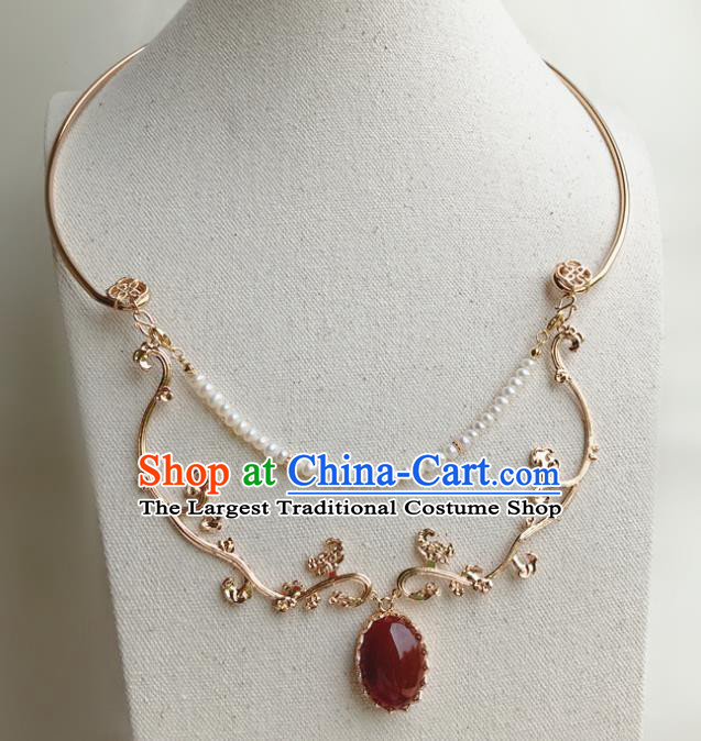 Chinese Handmade Hanfu Agate Golden Necklet Classical Jewelry Accessories Ancient Ming Dynasty Princess Pearls Necklace for Women