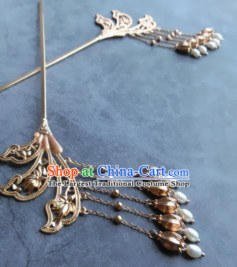 Chinese Classical Palace Tassel Hair Sticks Handmade Hanfu Hair Accessories Ancient Tang Dynasty Empress Golden Convallaria Hairpins