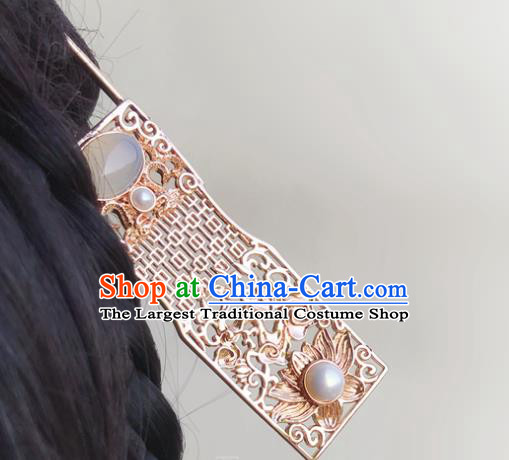 Chinese Classical Palace White Chalcedony Golden Hair Sticks Handmade Hanfu Hair Accessories Ancient Tang Dynasty Empress Carving Lotus Hairpins