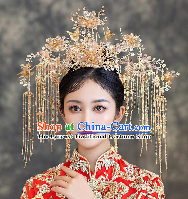 Chinese Classical Wedding Phoenix Coronet Handmade Hair Accessories Ancient Bride Hairpins Hair Crown Complete Set