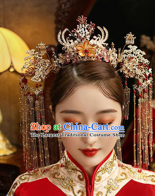 Chinese Classical Wedding Silk Flower Phoenix Coronet Handmade Hair Accessories Ancient Bride Hairpins Tassel Hair Crown Complete Set