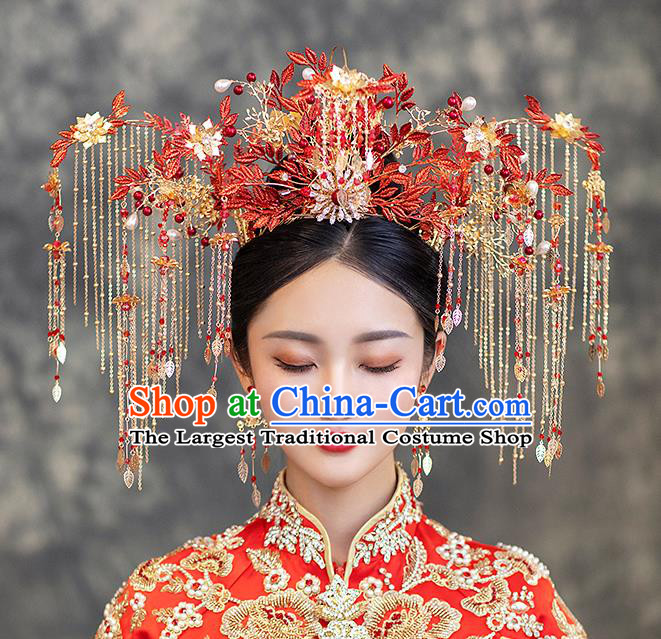 Chinese Classical Wedding Red Phoenix Coronet Handmade Hair Accessories Ancient Bride Hairpins Tassel Hair Crown Complete Set