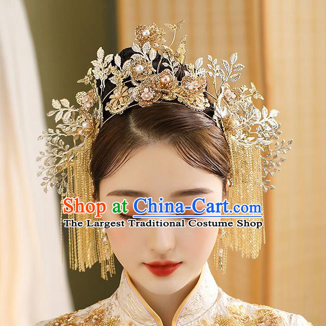 Chinese Classical Wedding Tassel Phoenix Coronet Handmade Hair Accessories Ancient Bride Golden Hair Crown Hairpins Complete Set