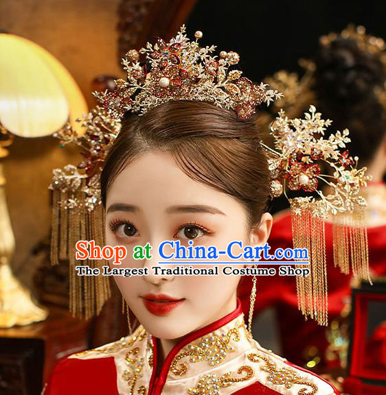 Chinese Classical Wedding Hair Crown Handmade Hair Accessories Ancient Bride Golden Hairpins Tassel Step Shake Complete Set