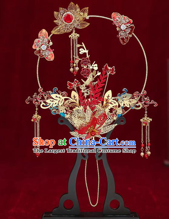 Chinese Handmade Wedding Golden Lotus Palace Fans Classical Fans Ancient Bride Red Butterfly Round Fans