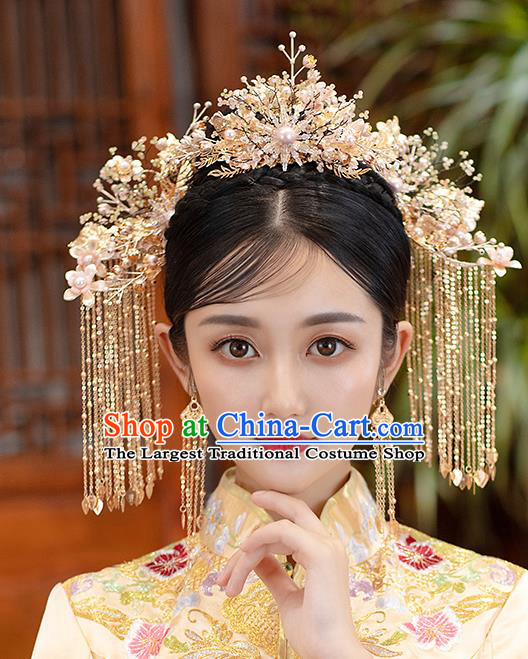 Chinese Classical Wedding Hair Crown Handmade Hair Accessories Ancient Bride Tassel Hairpins Golden Phoenix Coronet Complete Set