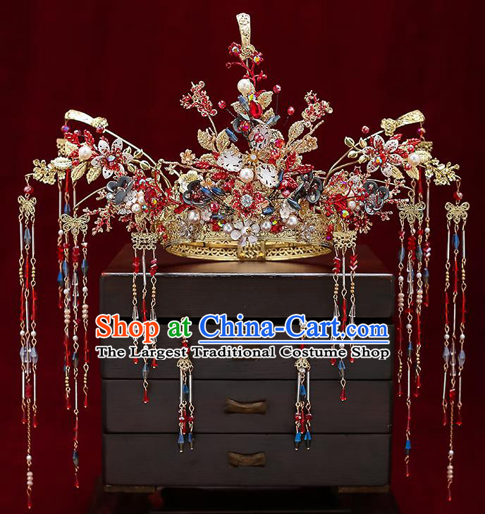 Chinese Classical Wedding Hair Crown Handmade Hair Accessories Ancient Bride Hairpins Red Beads Tassel Phoenix Coronet Complete Set