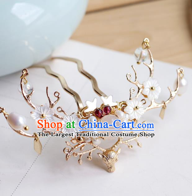 Chinese Classical Palace Shell Plum Hair Stick Handmade Hanfu Hair Accessories Ancient Qing Dynasty Princess Hairpins Golden Hair Crown