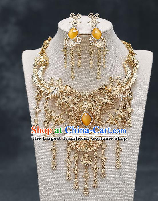 Chinese Handmade Hanfu Golden Phoenix Necklet and Earrings Classical Jewelry Accessories Ancient Wedding Necklace for Women