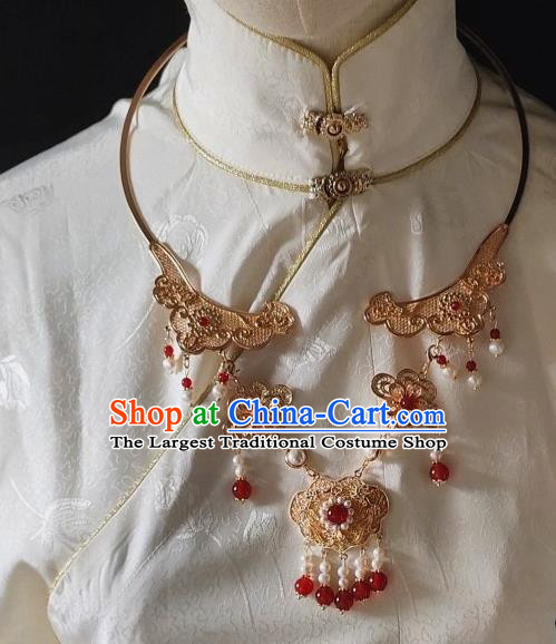 Chinese Handmade Ming Dynasty Necklet Classical Jewelry Accessories Ancient Princess Hanfu Golden Necklace for Women