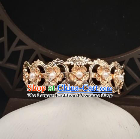 Chinese Classical Pearls Hair Crown Handmade Hanfu Hair Accessories Ancient Tang Dynasty Princess Golden Plum Hairpins