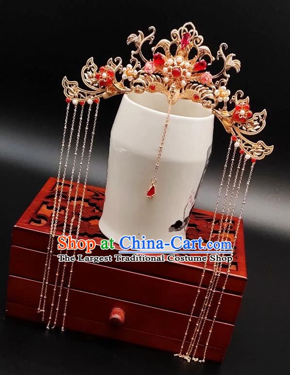 Chinese Classical Agate Phoenix Coronet Handmade Hanfu Hair Accessories Ancient Tang Dynasty Princess Hairpins Golden Hair Crown