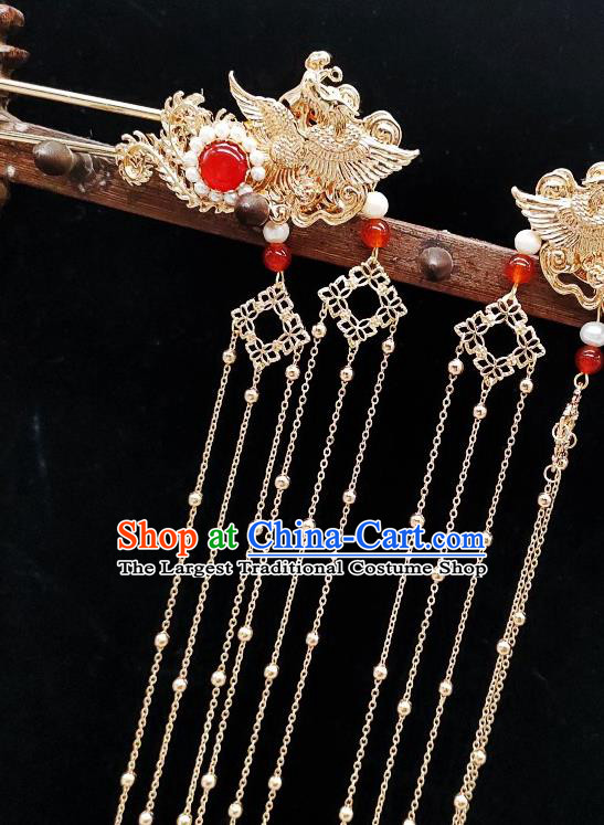 Chinese Classical Golden Tassel Hair Stick Handmade Hanfu Hair Accessories Ancient Tang Dynasty Princess Phoenix Hairpins