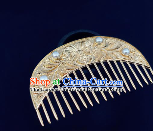 Chinese Classical Golden Hair Comb Handmade Hanfu Hair Accessories Ancient Tang Dynasty Empress Carving Peony Pearls Hairpins