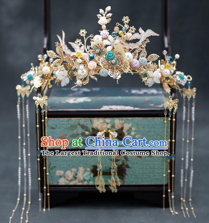 Chinese Classical Wedding Roses Hair Crown Handmade Hair Accessories Ancient Bride Hairpins Complete Set