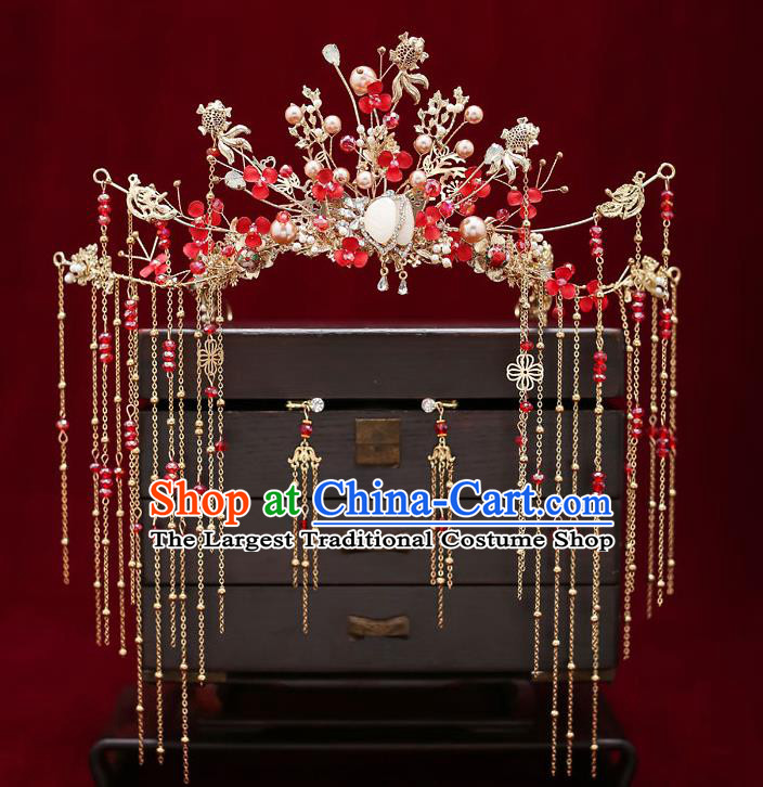 Chinese Classical Wedding Red Beads Hair Crown Handmade Hair Accessories Ancient Bride Hairpins Tassel Phoenix Coronet Complete Set