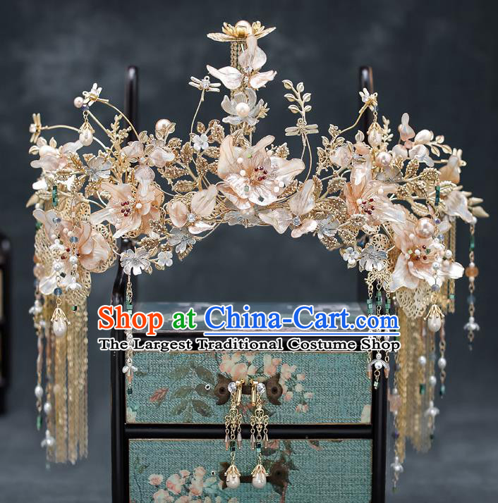 Chinese Classical Wedding Hair Crown Handmade Hair Accessories Ancient Bride Hairpins Champagne Flowers Phoenix Coronet Complete Set