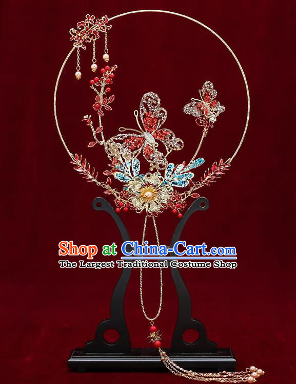 Chinese Handmade Wedding Palace Fans Classical Fans Ancient Bride Red Crystal Butterfly Round Fans