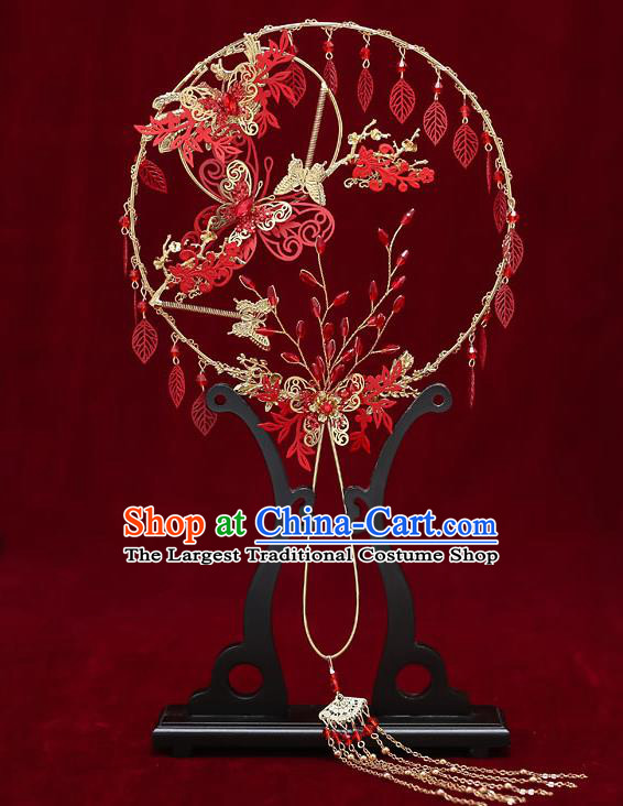 Chinese Handmade Wedding Red Leaf Palace Fans Classical Fans Ancient Bride Butterfly Round Fans