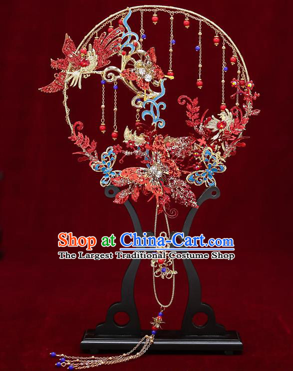 Chinese Handmade Wedding Crystal Red Palace Fans Classical Fans Ancient Bride Blueing Butterfly Round Fans