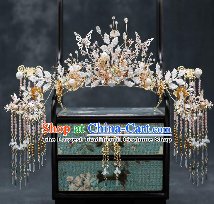 Chinese Handmade Beads Hair Crown Classical Wedding Hair Accessories Ancient Bride Hairpins Tassel Phoenix Coronet Complete Set