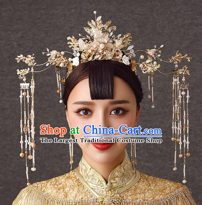 Chinese Handmade Beads Tassel Hair Crown Classical Wedding Hair Accessories Ancient Bride Hairpins Phoenix Coronet Complete Set