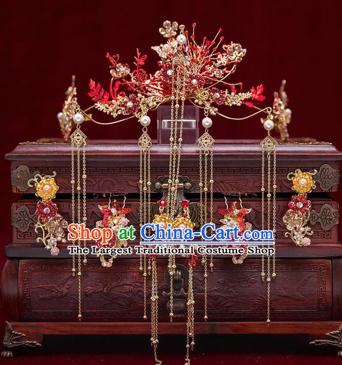 Chinese Handmade Classical Wedding Hair Accessories Ancient Bride Hairpins Golden Tassel Hair Crown Complete Set