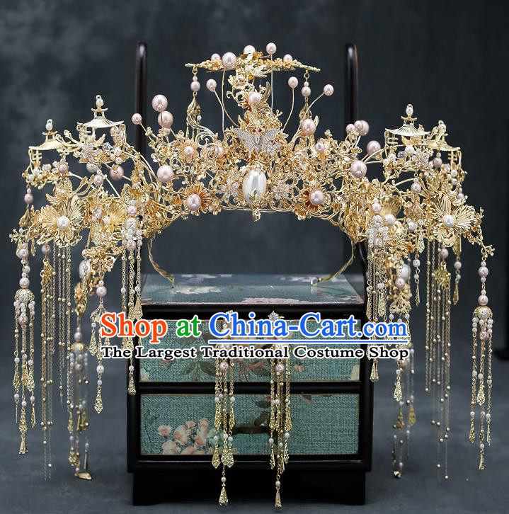 Chinese Handmade Hair Crown Classical Wedding Hair Accessories Ancient Bride Hairpins Pearls Phoenix Coronet Complete Set