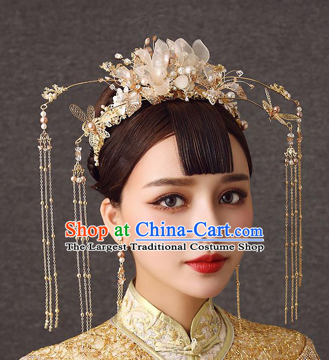 Chinese Handmade Golden Hair Crown Classical Wedding Hair Accessories Ancient Bride Hairpins Silk Flowers Phoenix Coronet Complete Set