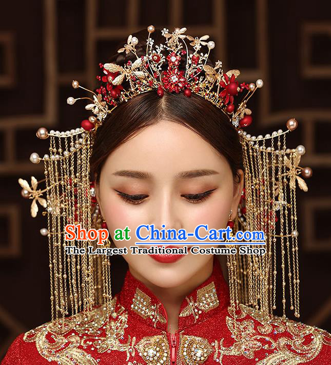 Chinese Handmade Golden Tassel Hair Crown Classical Wedding Hair Accessories Ancient Bride Hairpins Dragonfly Phoenix Coronet Complete Set