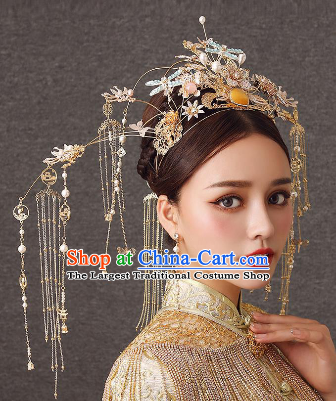 Chinese Handmade Blue Dragonfly Hair Crown Classical Wedding Hair Accessories Ancient Bride Hairpins Golden Phoenix Coronet Complete Set