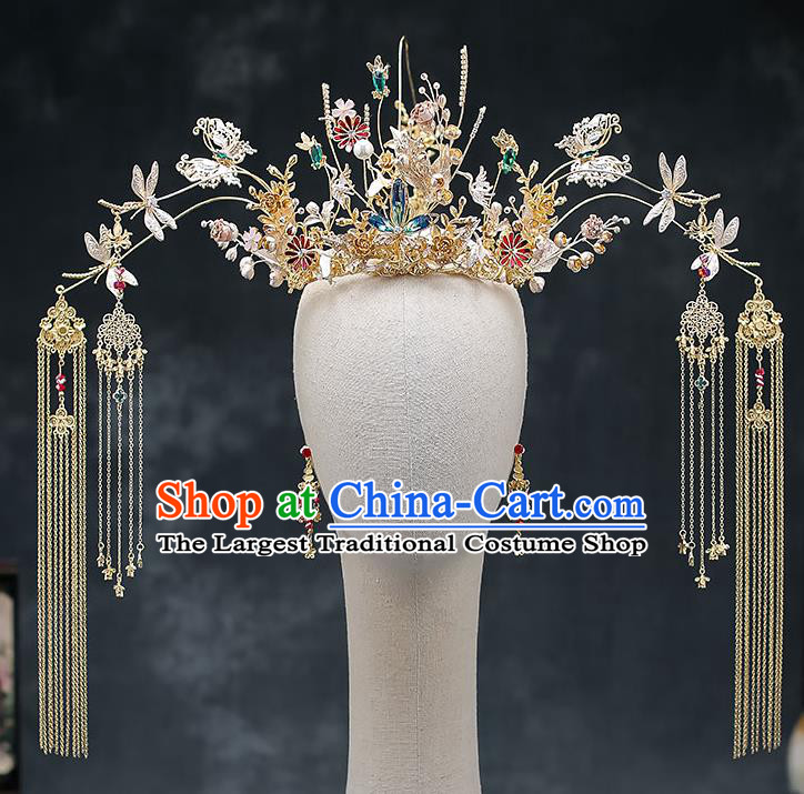 Chinese Handmade Golden Phoenix Coronet Classical Wedding Hair Accessories Ancient Bride Hairpins Tassel Hair Crown Complete Set