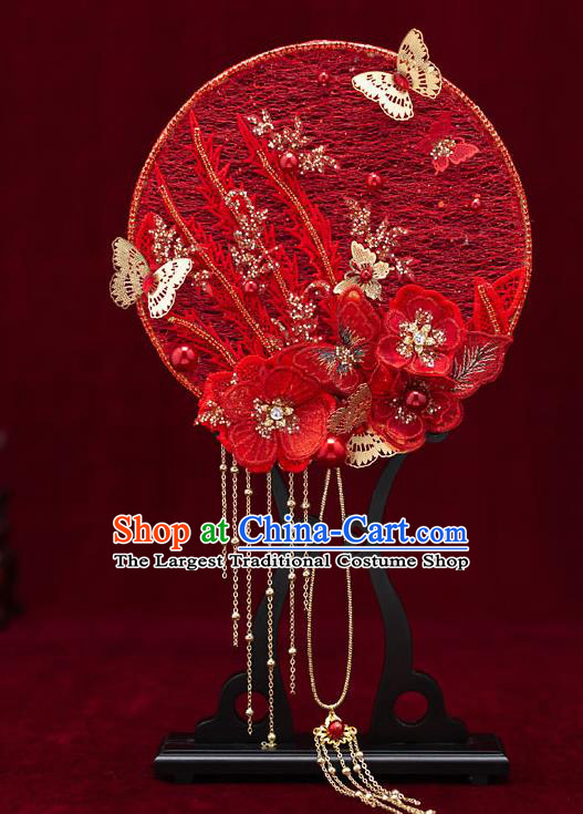 Chinese Handmade Wedding Red Lace Palace Fans Classical Fans Ancient Bride Flowers Butterfly Round Fans