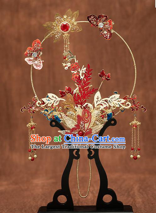 Chinese Handmade Golden Lotus Palace Fans Classical Fans Ancient Bride Props Red Butterfly Fans